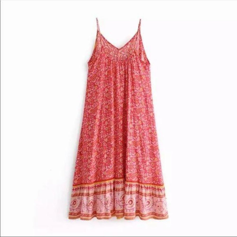 Bohemian Gypsy Vintage Floral Print Midi Dress red - Picture 4 of 5